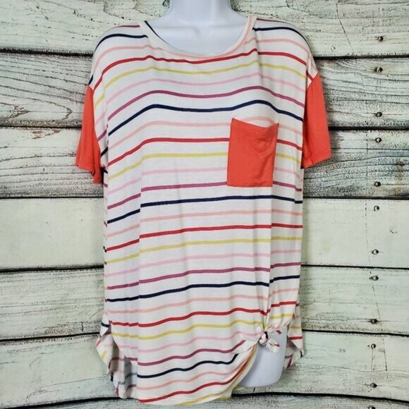 REB in J Women’s Striped Short Sleeve Pocket Tee Medium Made in USA - Picture 1 of 7
